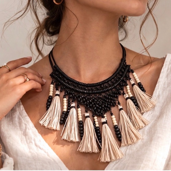 Chico's Jewelry - Chicos Black Wood Bead Cream Raffia Tassel Statement Bib Necklace Boho Tribal